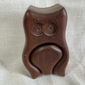 Vintage Hand Carved Redwood Owl Figurine Sliding Drawer‎ Trinket Box 6.5" Gift